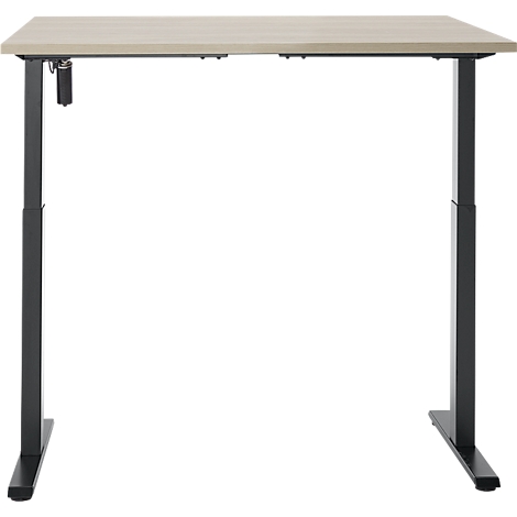 In hoogte verstelbaar bureau met lichtbruin tafelblad en zwarte poten.