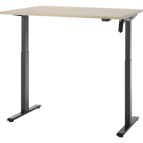 Statafel in licht houten design, met donkere in hoogte verstelbare poten. De tafel is leeg.
