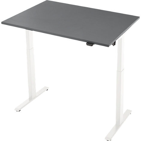 Grijze in hoogte verstelbare bureau met wit frame, enigszins schuin van bovenaf gefotografeerd.