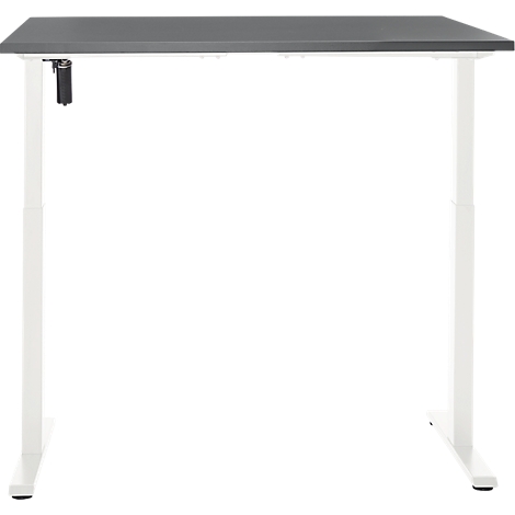 Een in hoogte verstelbaar bureau met een grijs tafelblad en witte poten, vrijstaand.