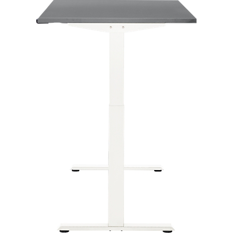 Grijze tafel met wit in hoogte verstelbaar frame. Staat op twee kleine zwarte voetjes.