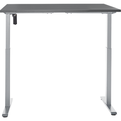 Een in hoogte verstelbaar bureau met een grijs tafelblad en zilveren poten. Het mechanisme is zichtbaar.