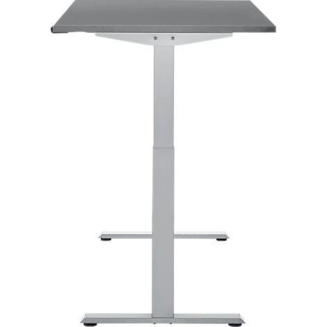 Grijze statafel op witte achtergrond. Rechthoekig tafelblad, centrale standaard, twee dwarsbalken en een vierkante voet.