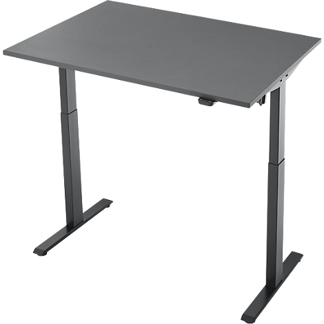 Een in hoogte verstelbaar grijs bureau tegen een witte achtergrond. Het staat op zwarte poten die met een druk op de knop kunnen worden versteld.