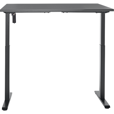 Een grijze, in hoogte verstelbare bureau. Het tafelblad is rechthoekig, de poten zijn metaalachtig en hoekig. Een bedieningselement is zichtbaar.