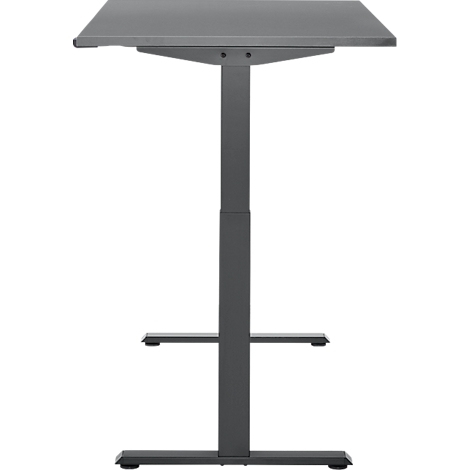 Statafel van grijs metaal. Het bestaat uit een rechthoekig tafelblad, een centrale steunpilaar en een brede, rechthoekige basis.