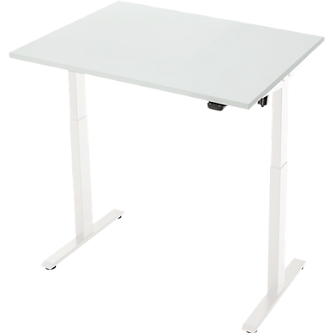 Witte, in hoogte verstelbare bureau met een rechthoekig tafelblad en twee witte poten.