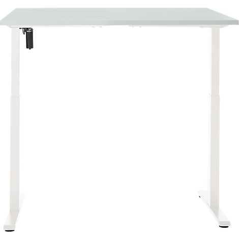 Een witte, in hoogte verstelbare bureau, vierkant, met een lichtgekleurd tafelblad. De poten en het frame zijn wit. Er is een zwart verstelmechanisme aan de zijkant.