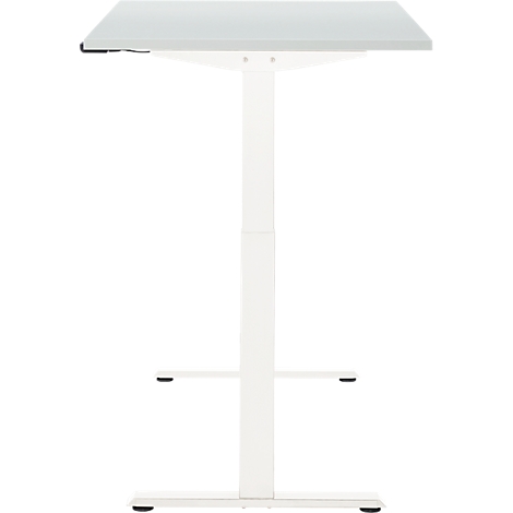 Een witte, in hoogte verstelbare bureau. Het heeft een vierkant tafelblad en een strak, minimalistisch ontwerp.