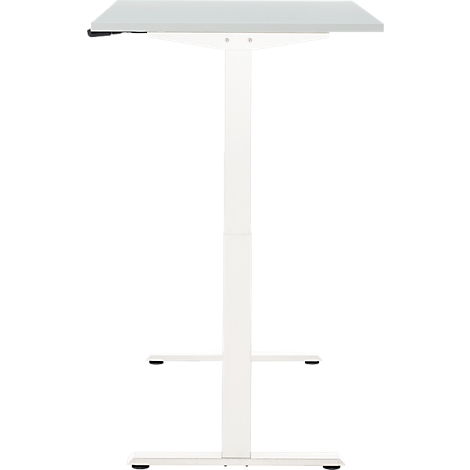 Een witte statafel met een rechthoekig tafelblad en een in hoogte verstelbaar frame. De tafel staat tegen een witte achtergrond.