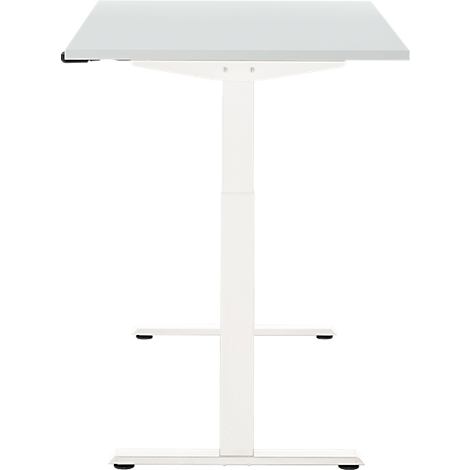 Een witte in hoogte verstelbare bureau met een rechthoekig tafelblad, tegen een witte achtergrond.