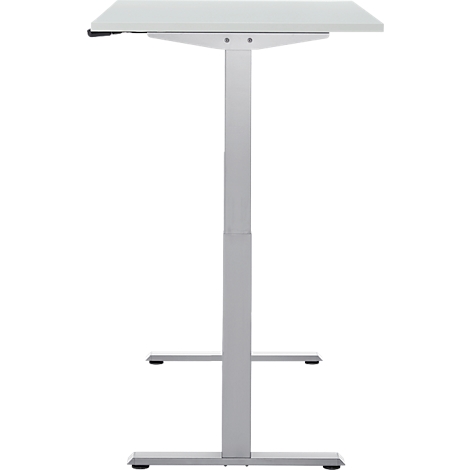 Een wit, in hoogte verstelbaar bureau, geïsoleerd op een witte achtergrond. De constructie is zilver.