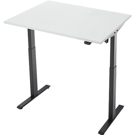 Een in hoogte verstelbaar bureau met een wit tafelblad en zwart frame, staand tegen een witte achtergrond.