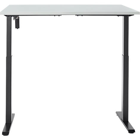 Een in hoogte verstelbaar bureau in zwart en wit tegen een neutrale achtergrond. Het tafelblad is lichtgrijs, de poten zijn zwart.