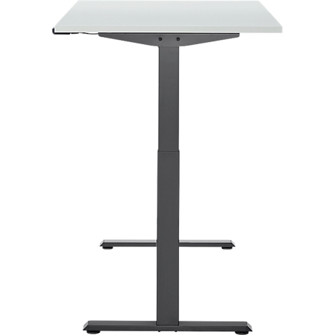 Een in hoogte verstelbaar bureau, bestaande uit een wit tafelblad en een grijs metalen frame.