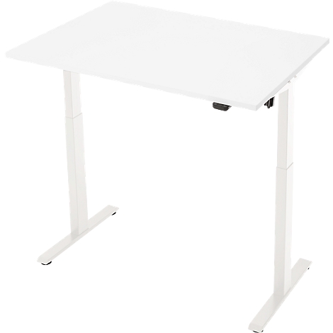 Witte in hoogte verstelbare bureau met een rechthoekig tafelblad en twee poten.