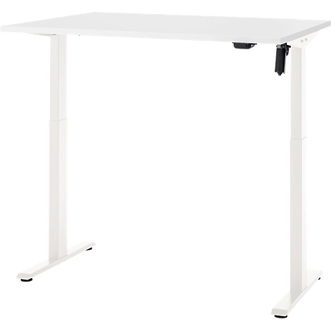 Witte in hoogte verstelbare bureau op witte achtergrond.