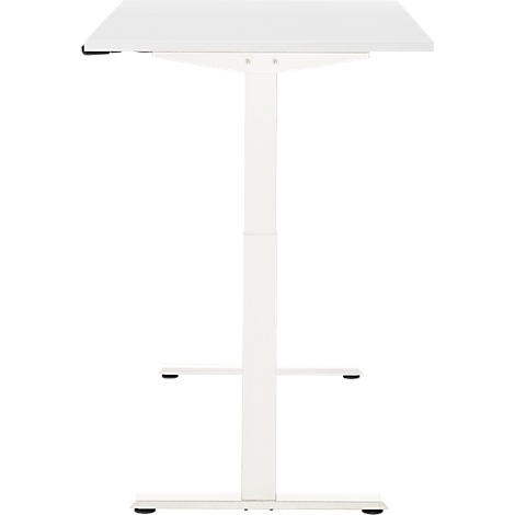 Witte statafel, vierkant tafelblad, in hoogte verstelbare kolom met twee dwarsbalken.