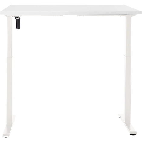 Witte in hoogte verstelbare bureau, vooraanzicht. Bureaublad, steunen en voeten. Een kleine zwarte bediening is aan de linkersteun bevestigd.