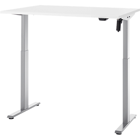 Een witte, in hoogte verstelbare bureau met zilveren poten. Op het tafelblad is een bedieningseenheid te zien.