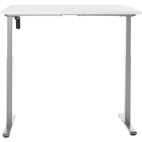 Een witte, in hoogte verstelbare bureau met zilveren poten, staande tegen een witte achtergrond.