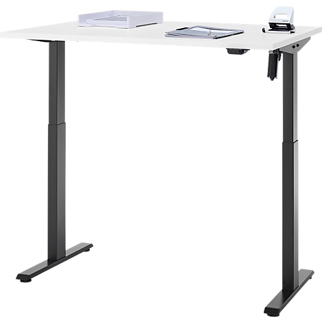 Een witte in hoogte verstelbare bureau met een zwart frame, waarop een papierbakje, perforator en tablet.