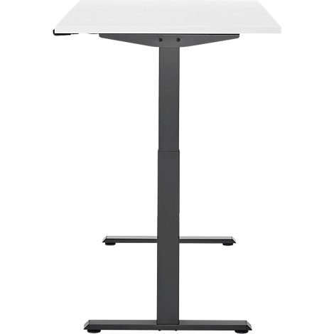 Een in hoogte verstelbaar bureau met een wit tafelblad en een donker metalen frame, tegen een witte achtergrond.