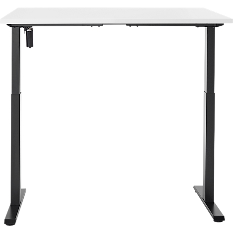 Een in hoogte verstelbaar bureau met een wit tafelblad en zwart frame, tegen een witte achtergrond.