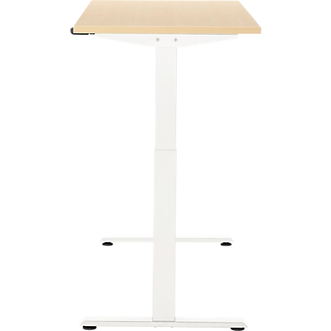 Statafel met licht houten blad, wit frame, zwart accent en rechthoekige vorm.