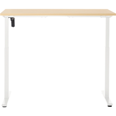 Een in hoogte verstelbaar houten bureau met witte poten. Het verstelmechanisme bevindt zich aan de linkerkant.