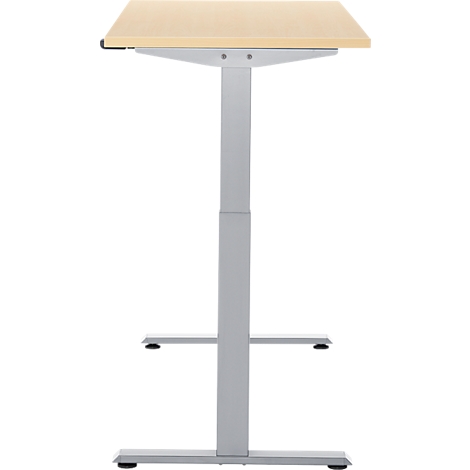 Een in hoogte verstelbaar bureau met een lichtbruin tafelblad en een grijs frame.