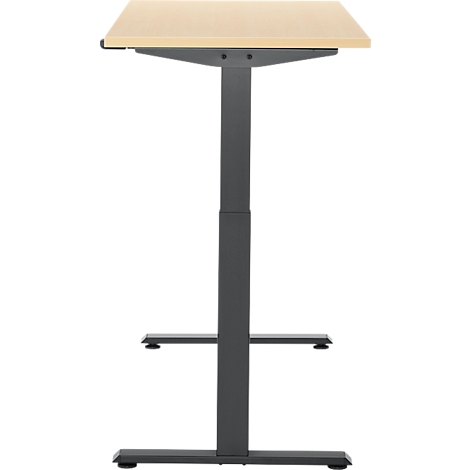 In hoogte verstelbare statafel, licht houten blad, grijs frame, neutrale achtergrond.