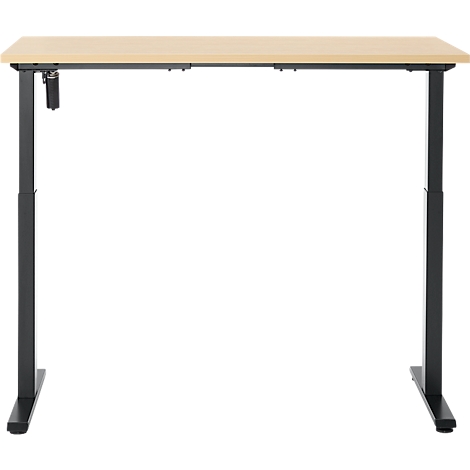 Een in hoogte verstelbaar bureau met een lichtbruin tafelblad en zwarte poten, tegen een witte achtergrond.