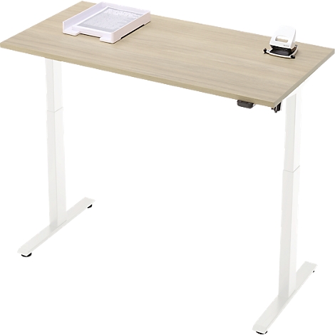 In hoogte verstelbaar bureau met een lichte houtlook. Op het bureau: een bakje en een perforator.