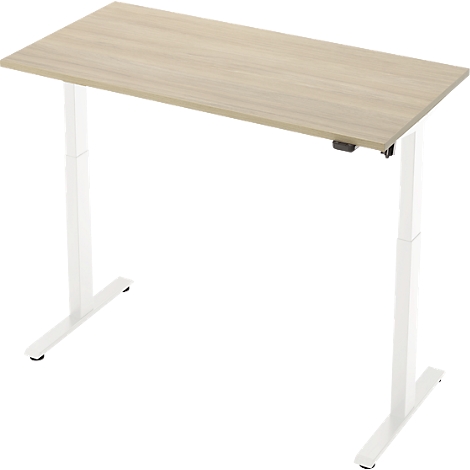 Een helder, in hoogte verstelbaar bureau met een blad in houtlook en witte poten.