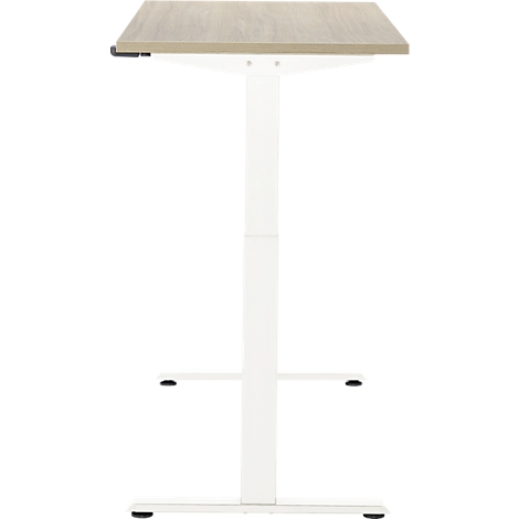 Een witte, in hoogte verstelbare statafel met een lichtbruin tafelblad. De tafel staat op vier poten.