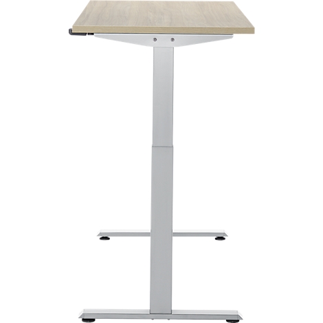 Stabureau in licht houten design met zilveren frame. Het bureau is in hoogte verstelbaar, met een rechthoekig tafelblad en een vierkante voet.