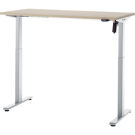 In hoogte verstelbaar bureau met licht houten blad en zilveren metalen poten.