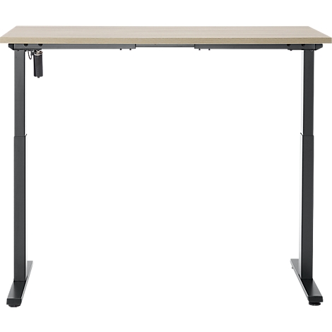 Een in hoogte verstelbaar bureau, lichtbruin tafelblad op een antracietkleurig frame. Het frame is een rechthoek.