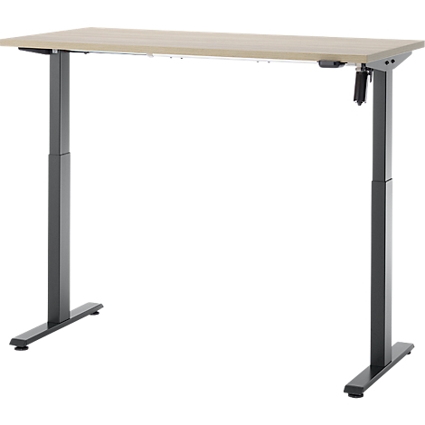 In hoogte verstelbaar bureau met licht houten tafelblad en grijs metalen frame. Hendel voor hoogteverstelling aan de zijkant.