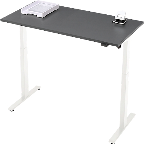Een in hoogte verstelbaar grijs bureau met wit frame, papierbak en perforator.