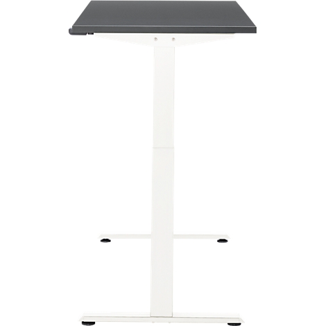 In hoogte verstelbaar bureau, grijs tafelblad, wit frame. Het bureau staat tegen een witte achtergrond.
