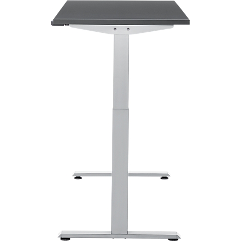 Een in hoogte verstelbare statafel, grijs-zwart, tegen een witte achtergrond.