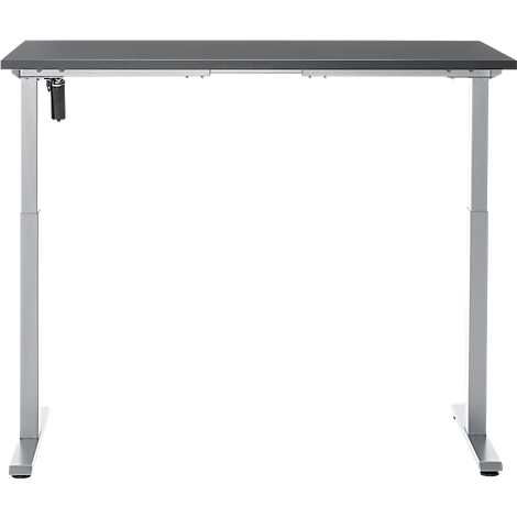 Lichtgrijze verstelbare bureau met donkergrijze tafelblad en zilveren poten, tegen een witte achtergrond.