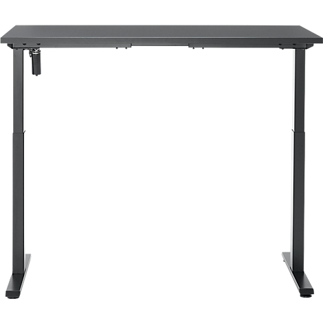 Een donker, in hoogte verstelbaar bureau tegen een witte achtergrond. De tafel heeft een rechthoekig blad en vier vierkante poten.