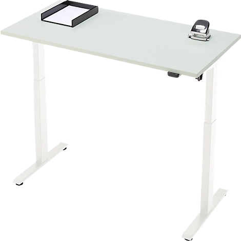 Een witte in hoogte verstelbare bureau met een grijze tafelblad. Op de tafel liggen een zwarte sorteerbak en een perforator.