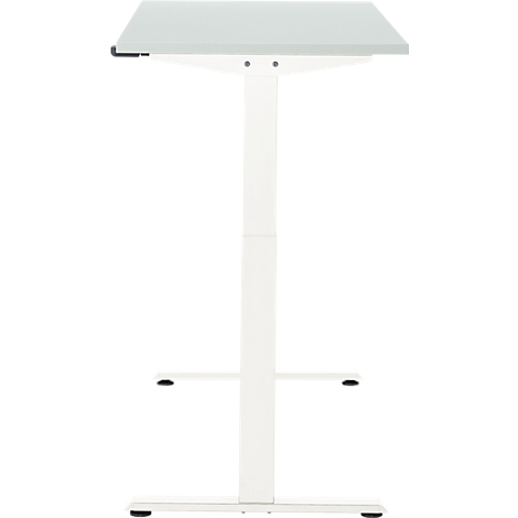 Een witte in hoogte verstelbare bureau met een grijze tafelblad en wit frame.