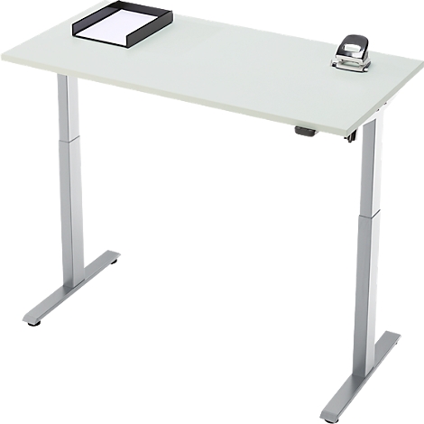 In hoogte verstelbaar bureau met zwarte perforator en papierbak.