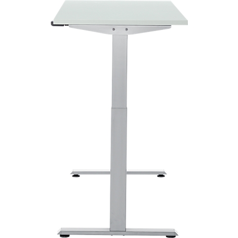 Lichte, in hoogte verstelbare bureau. Grijs frame, wit tafelblad.