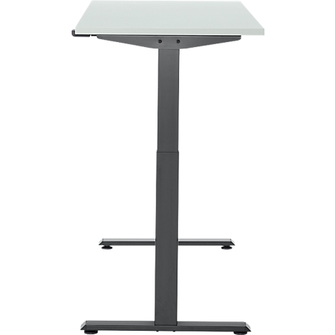 Statafel met rechthoekig, licht tafelblad en donker metalen frame.